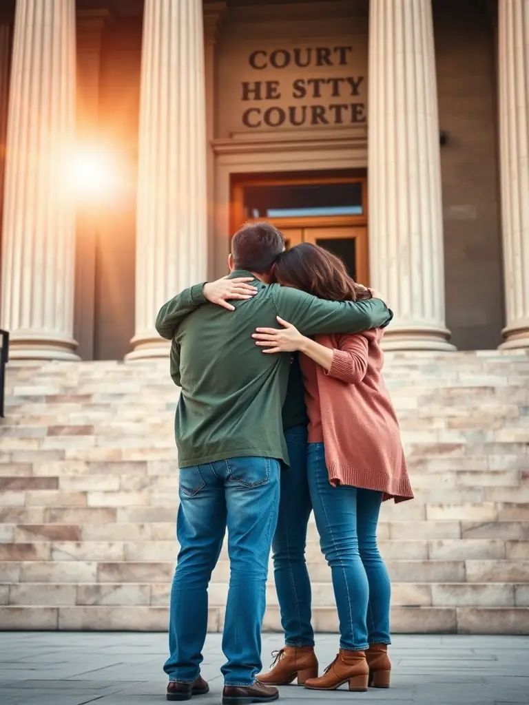 A photograph of a family embracing outside a courthouse, representing the emotional relief of securing a loved one's release.