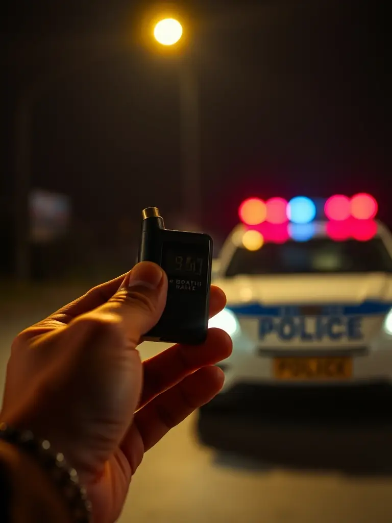 A close-up photograph of a breathalyzer test with a blurred background of a police car at night, symbolizing a DUI arrest and the need for bail.
