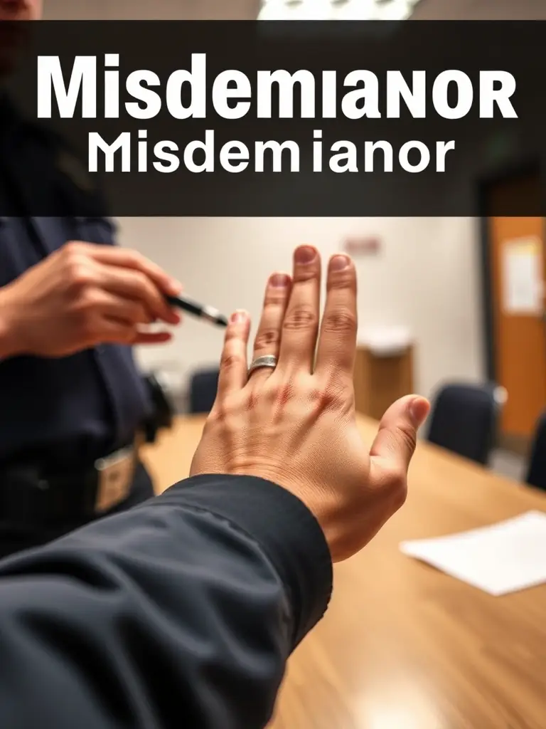 A photograph of a person being fingerprinted at a police station, representing misdemeanor charges.