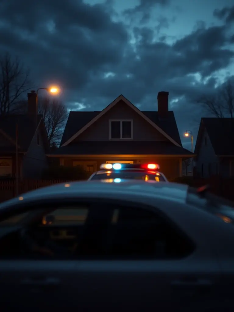 A photograph of a house with a blurred background of a police car, symbolizing a domestic violence arrest and the need for bail.