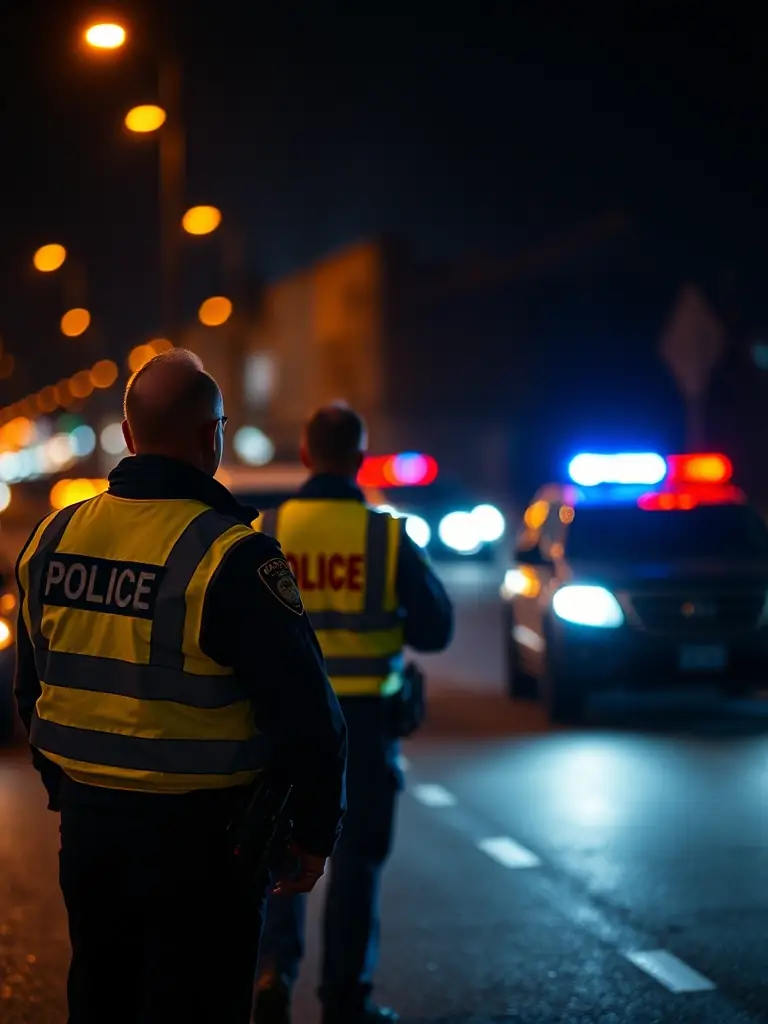 A close-up photograph of a police sobriety checkpoint at night, with blurred headlights and police officers in reflective vests.