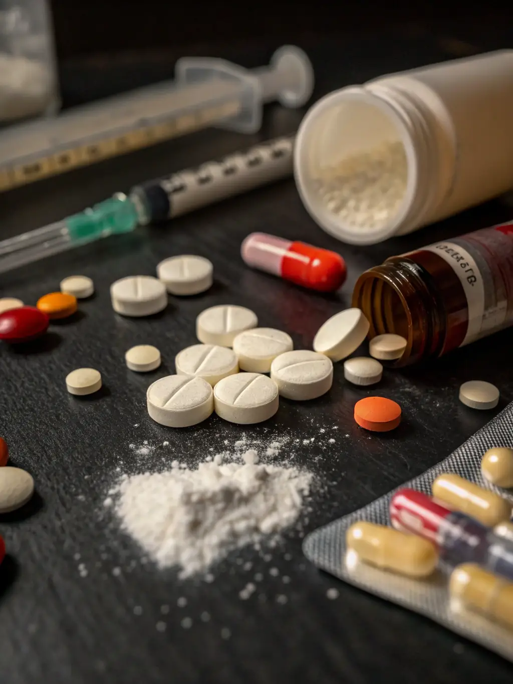 A blurred image of prescription pills and drug paraphernalia, with a focus on the concept of legal consequences.